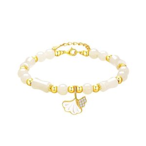 San Sheng You Xing S925 Silver & Hetian Jade Ginkgo Bracelet – Chinese Style Bamboo Design Gift for Her