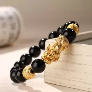 Natural Black Obsidian Pixiu Bracelet â Gold Sand Beads Feng Shui Wealth Attracting Bracelet for Men & Women
