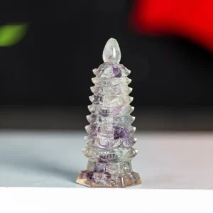 Resin-Filled Natural Crystal Wen Chang Tower – Feng Shui Pagoda Ornament for Office & Study Harmony - Colored Fluorite